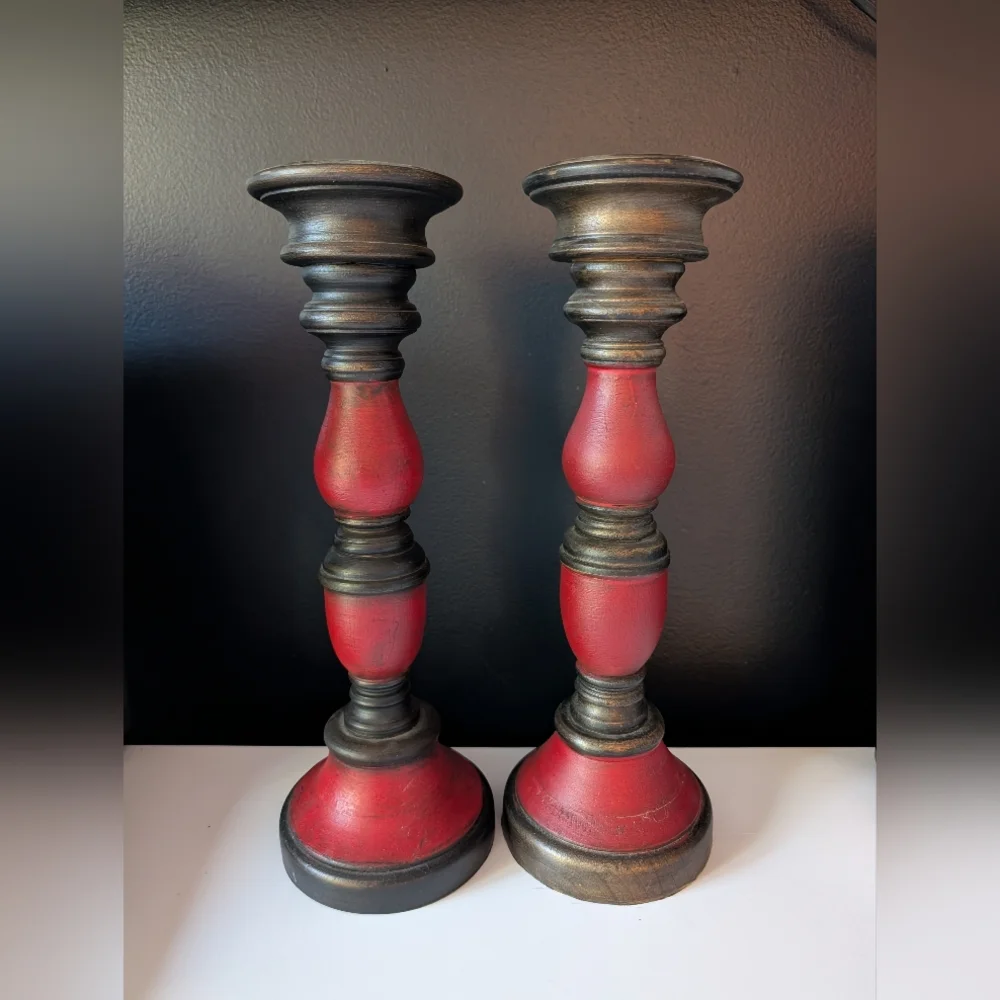 Vintage Pier 1 Farmhouse-Style Red and Black Candle Holders